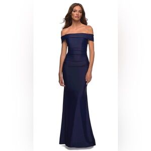 NWT La Femme 30422 Navy Off the Shoulder Ruched Sheath Full-Length Gown, size 12
